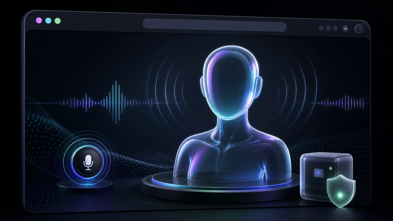 Abstract glass browser avatar with speech waveforms and local privacy controls