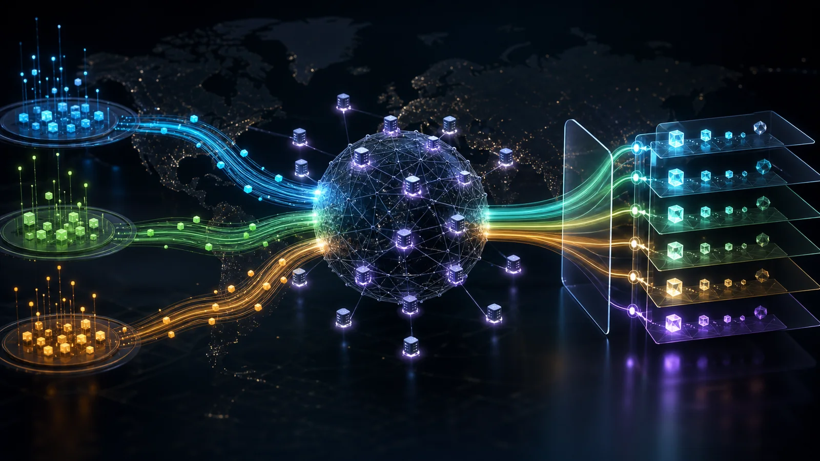 Three colored search result streams converging through a decentralized global worker network into a ranked result stack