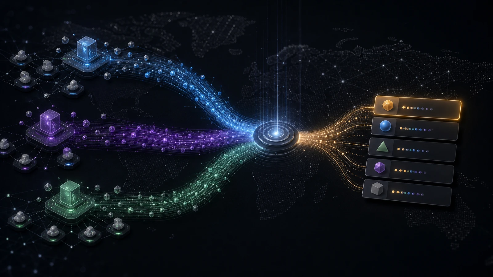 Three private search result streams merging into a ranked consensus signal