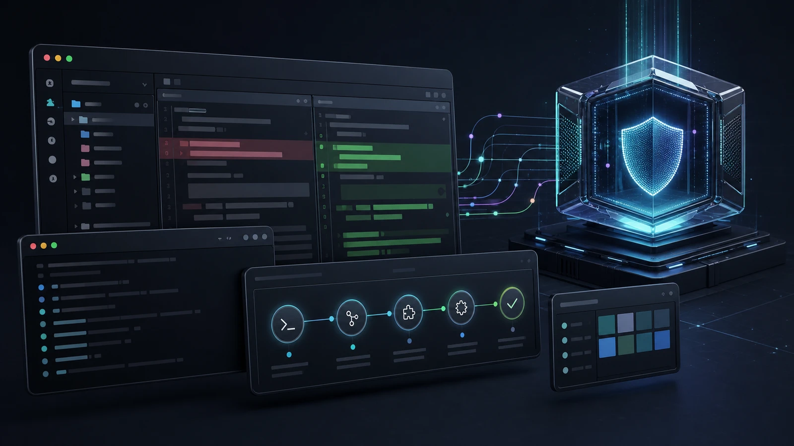 Dark developer workspace with terminal panels, command timeline, and secure compute enclave