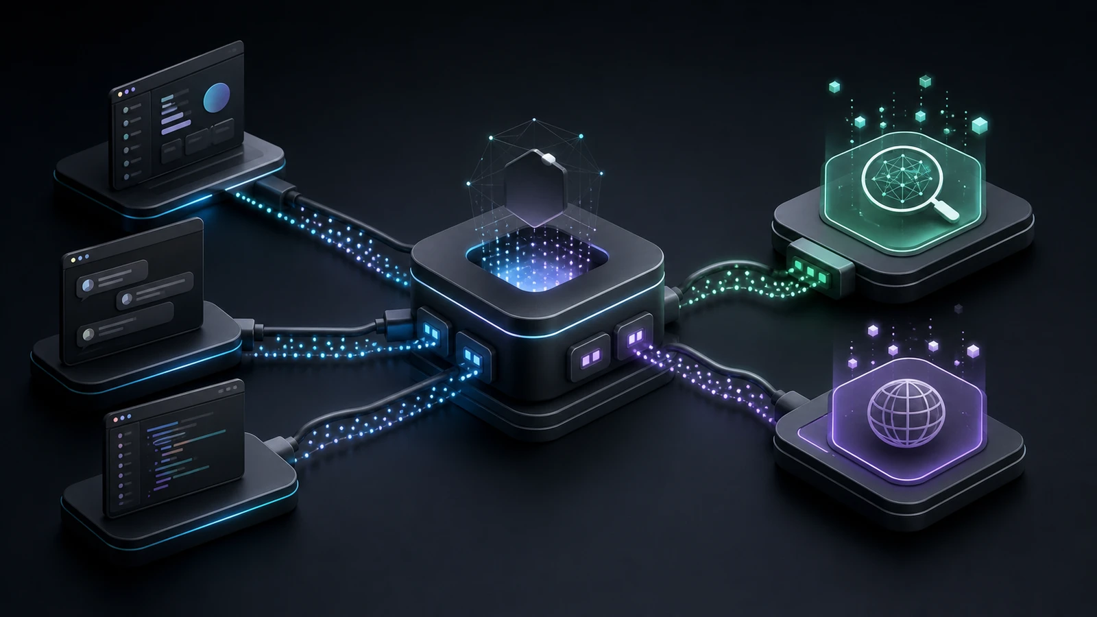 Protocol hub connecting AI client surfaces to private search and page fetch tools