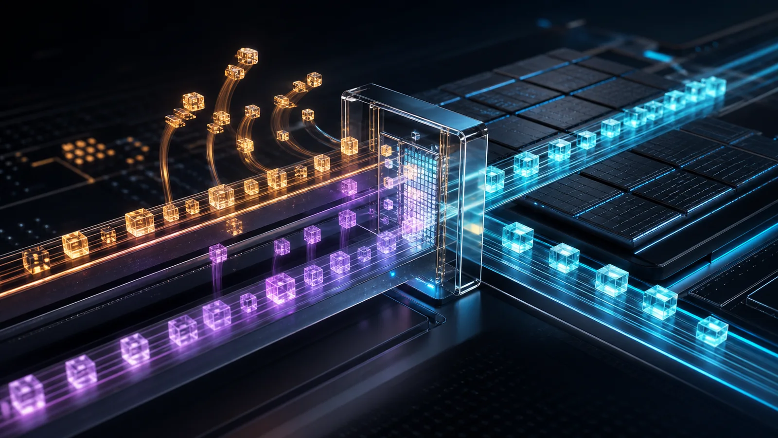 Draft token blocks branching through a verification gate into accepted token paths on a dark tensor compute surface